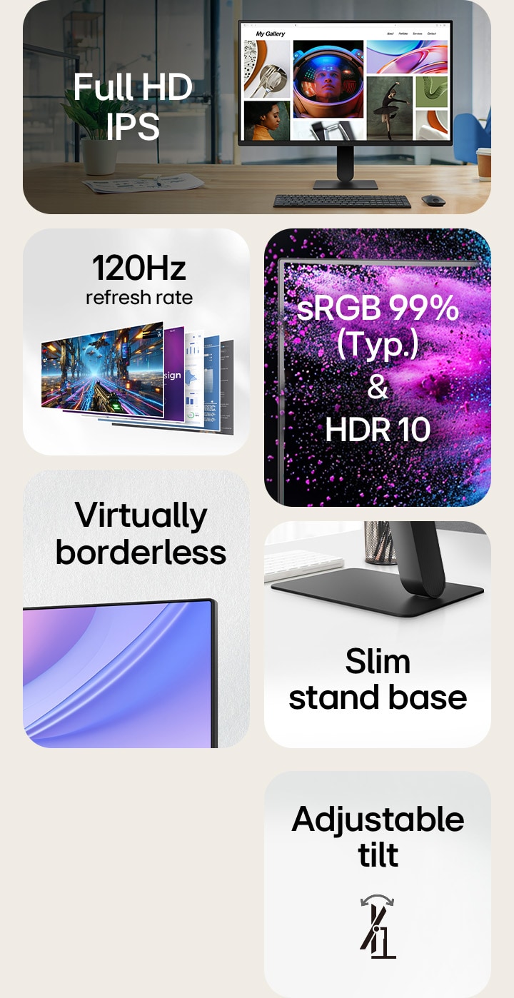 A grid-style feature overview of a monitor, highlighting key specs: Full HD IPS display, 120Hz refresh rate, sRGB 99% (Typ.) with HDR10, virtually borderless design, slim stand base, 1ms MBR (Motion Blur Reduction), and adjustable tilt. Each feature is shown with a representative image or icon.
